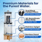 The Water Machine All Glass Purifier - Gravity Fed Water Filtration System with Activated Carbon Filters, Off Grid Emergency & Home Survival Portable Countertop Filter with Wooden Stand - 3 Gallon