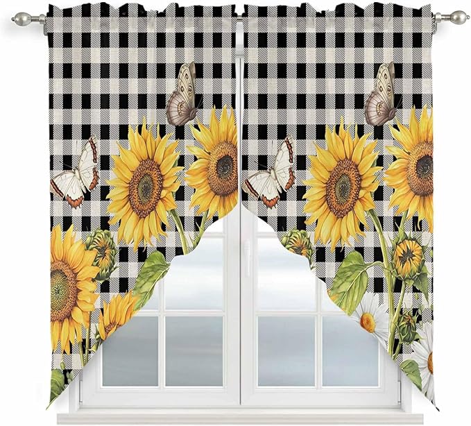 Sunflowers Swag Valances for Windows, Yellow Flowers Butterfly Farmhouse Black Plaid Rod Pocket Kitchen Curtains Valance, Small Window Curtains Swag for Cafe Bathroom Living Room, 2 Panels, 36x36 inch
