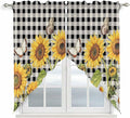 Sunflowers Swag Valances for Windows, Yellow Flowers Butterfly Farmhouse Black Plaid Rod Pocket Kitchen Curtains Valance, Kitchen Window Curtains Swag for Cafe Living Room, 2 Panels, 36x63 inch