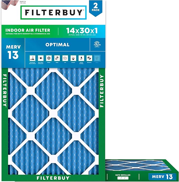 Filterbuy 14x30x1 Air Filter MERV 13 Optimal Smoke & Allergy Defense (2-Pack), Electrostatic Pleated HVAC AC Furnace Filters Replacement, Made in USA (Actual Size: 13.88 x 29.88 x 0.75)