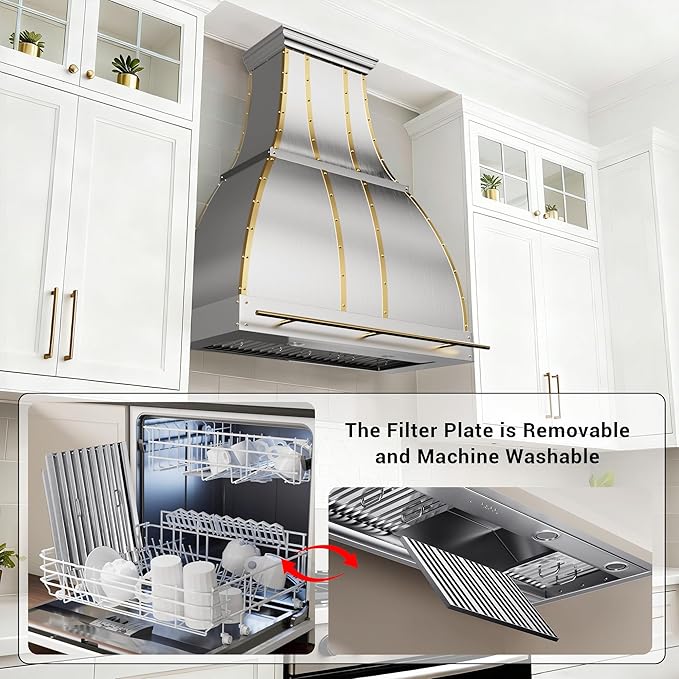 CHETTO C Stainless Steel Range Hood Cover with Quiet Vent Hood Insert Custom Handcrafted Metal Kitchen Fan with Towel Rack LED Light 54"W x24"D x33"H Brushed Stainless Steel Wall Mount