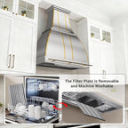 CHETTO C Stainless Steel Range Hood Cover with Quiet Vent Hood Insert Custom Handcrafted Metal Kitchen Fan with Towel Rack LED Light 54"W x24"D x33"H Brushed Stainless Steel Wall Mount