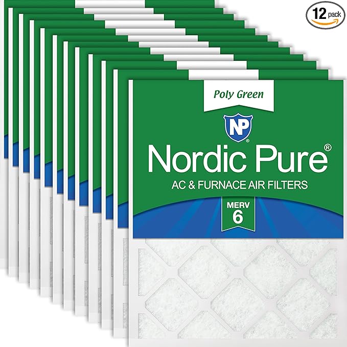 Nordic Pure 18x18x1 (Actual Size: 17 3/4 x 17 3/4 x 3/4) Poly Green MERV 6 AC Furnace Air Filters – Reduces Dust, Pollen, Pet Dander & Allergens – 12-Pack