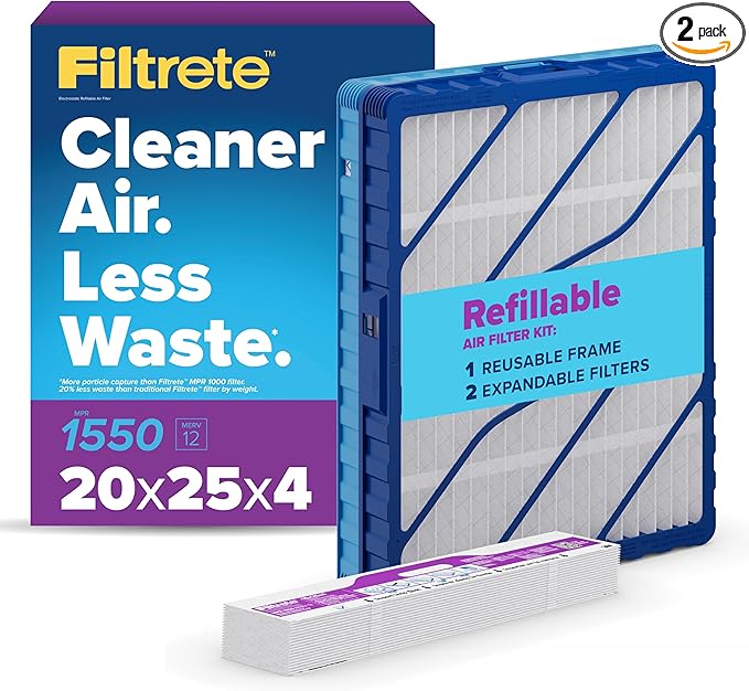 Filtrete 20x25x4 Refillable Air Filter Starter Kit, MPR 1550, MERV 12, 1 Reusable Air Filter Frame & 2 Air Filters, Fits Honeywell & Lennox, Allergen Bacteria & Virus, Actual size 19.88 x 24.62 x 4.25