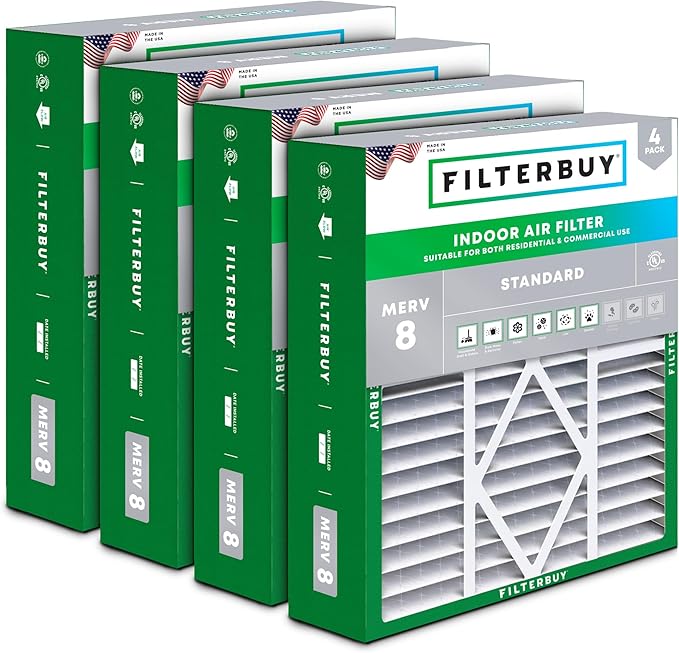 Filterbuy 20x25x5 Air Filter MERV 8 Essential Dust & Allergy Defense (4-Pack), Pleated HVAC AC Furnace Filters for Amana, Coleman, Goodman, Maytag, York, and More (Actual Size: 20.19 x 25.31 x 5.25)