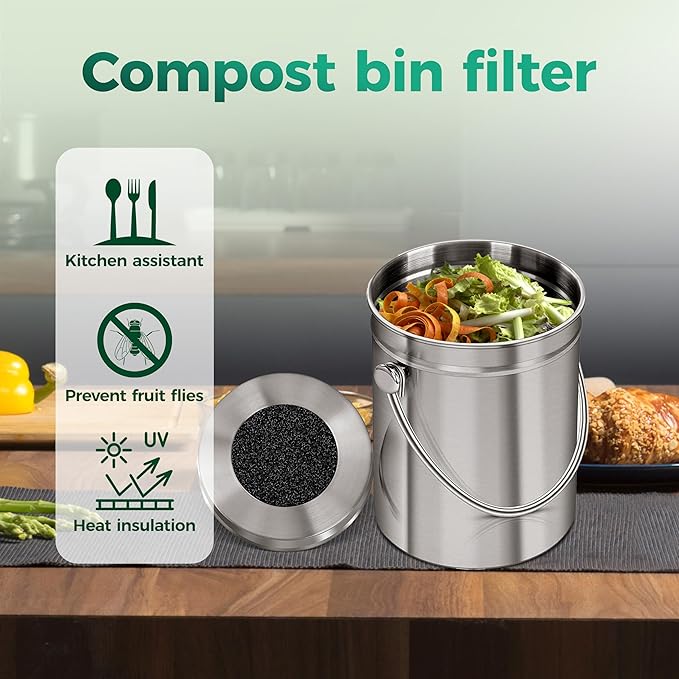 Polyurethane Activated Charcoal Filters -7 Pack 6.7 Inch Round Strong Odor Control Replacements for Kitchen and Countertop Compost Buckets/Bins