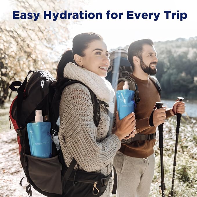Membrane Solutions Squeezable Water Filtration System, Survival Water Purifier Kit, Portable Backpacking Gear Including Water Filter Straw and 23oz Collapsible Bottle for Hiking Camping Travel(4+4)