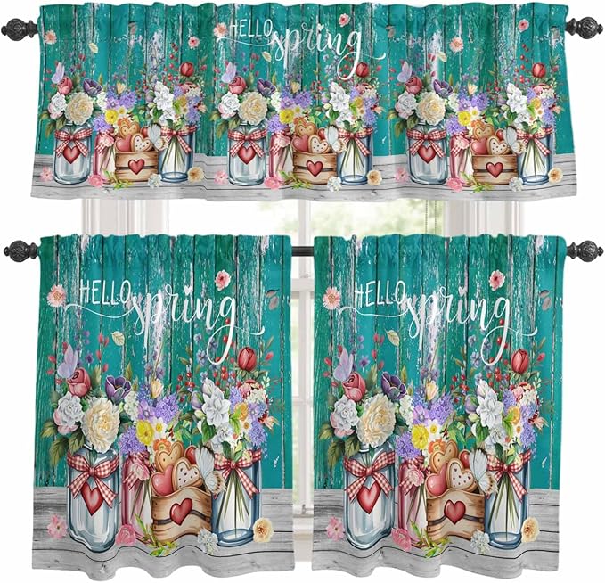 Spring Flowers Kitchen Curtains Set 3 Piece for Windows, Rod Pocket Valance and Tier Set 24 Inch Length, Farmhouse Watercolor Teal Wood Grain Light Filtering Cafe Curtains for Living Room Bathroom