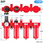 TAILONZ PNEUMATIC 0-150PSI 1/4 Inch NPT Red Industrial Grade 4 Stage Air Drying System, Particulate Filter, Coalescing Filter, Double Desiccant Dryer and Air Regulator (Manual Drainage)