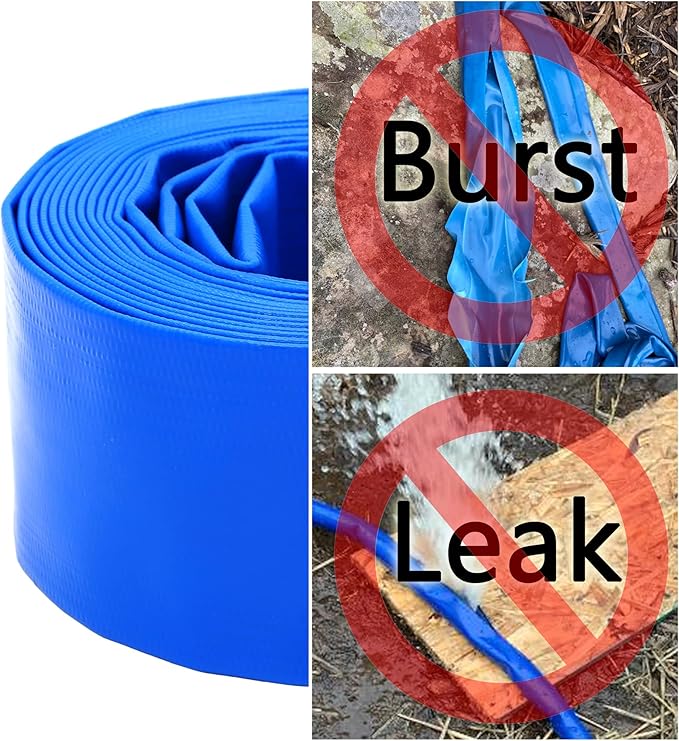DAVCO 2" x 50 ft Pool Backwash Hose, Heavy Duty Reinforced Blue PVC Lay Flat Water Discharge Pump Hoses For Swimming Drain Pools and Clean Filters,with 1 Clamp