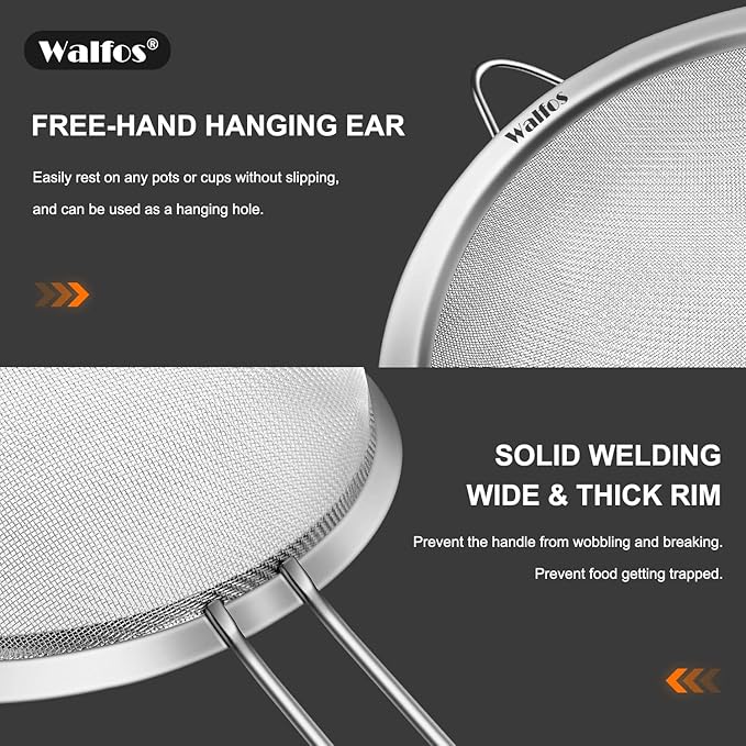 Walfos Fine Mesh Strainer Set of 3, Stainless Steel Wire Strainers for Kitchen, Multipurpose Metal Fine Sieve with Handle, Perfect for Food, Rice, Quinoa, 2.7", 4.6", 7"