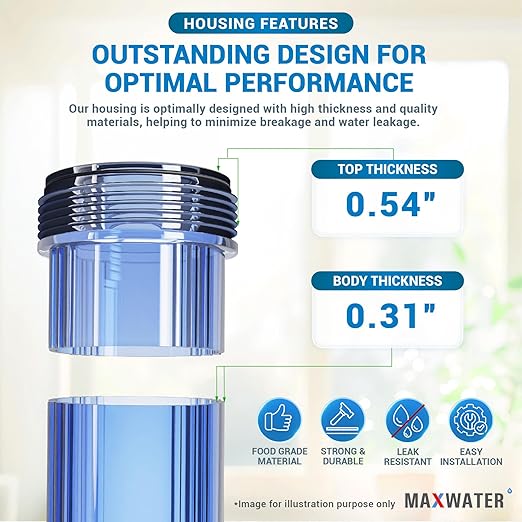 Max Water Whole House 20" x4.5" Purple Clear WH Water Filter Housing 1 inch Inlet/Outlet Ports with Pressure Gauge Wrench and Bracket (4 Housing + 2 Pressure Gauge)