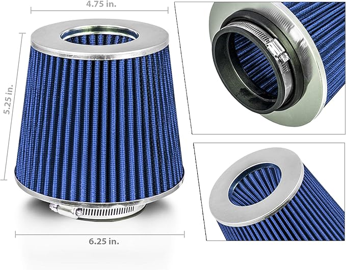 Mortar Aftermarket Auto Air Filter Replacement - Car Enthusiast Class Universal Cold Air Intake Gulps in More Air for More Engine Power & Passionate Induction Sound, 3 In, Blue