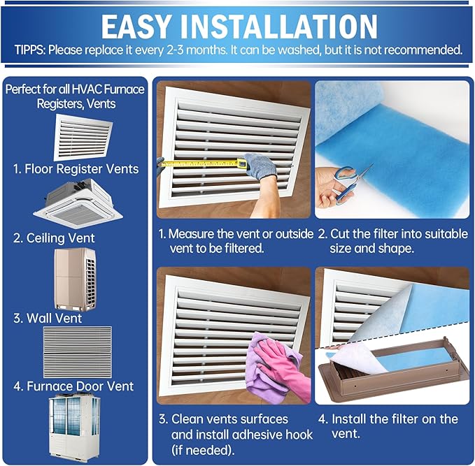 UBeesize Air Vent Filters, 140" x 12" Cut to Size Air Filter Material (60+ Filters), MERV 8 Triple Vent Filter Kit for Home Floor, Grilles, Ceiling, HVAC Furnace Vents, With 48PCs Adhesive Hook Tape