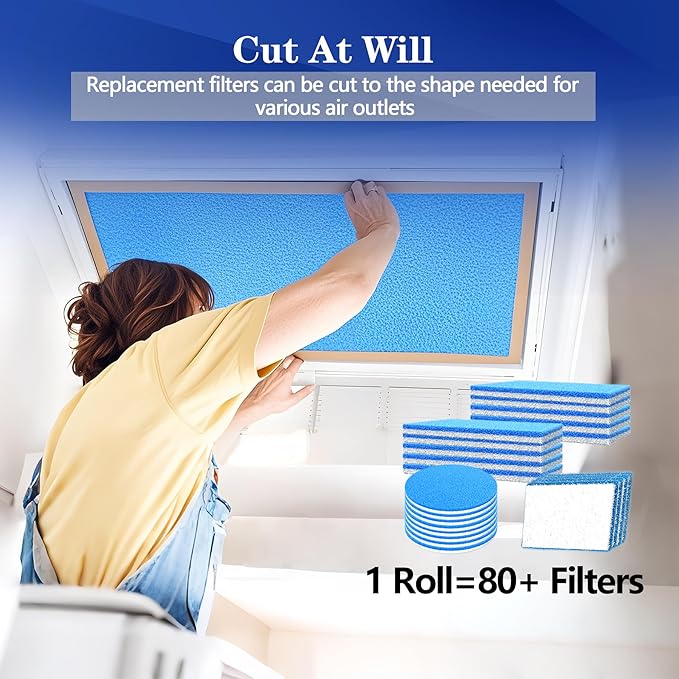 Air Vent Filter, 18"X120" Cut to Size Air Filter Material, MERV 8 Electrostatic Air Filter Roll, Blue & White Vent Filters for Home Floor, Rv Ac Vent, Ceiling, Refrigeration, HVAC Furnace Vent, Etc