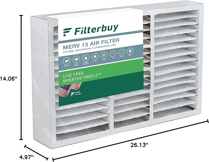 Filterbuy 14.5x27x5 Air Filter MERV 13 Optimal Smoke & Allergy Defense (1-Pack), Pleated HVAC AC Furnace Filters for Trane, American Standard, Honeywell, and More (Actual Size: 14.06 x 26.13 x 4.97)