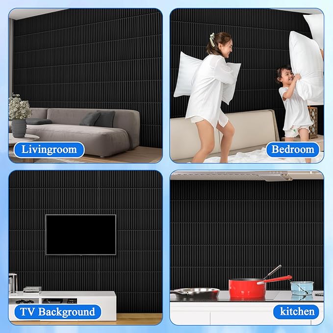 Nuanchu 120 Pcs 3D Slat Wall Panels 12 x 12 Inch PVC Fluted Textured Panel Cuttable Paintable DIY Wall Art Decorative Tiles for Ceiling Studio Bathroom Interior TV Background (Black)