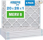 Aerostar 20x26x1 MERV 8 Pleated Air Filter, AC Furnace Air Filter, 6 Pack (Actual Size: 20" x 26" x 3/4")