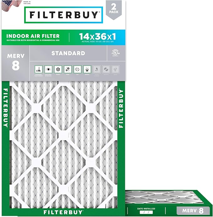 Filterbuy 14x36x1 Air Filter MERV 8 Essential Dust & Allergy Defense (2-Pack), Electrostatic Pleated HVAC AC Furnace Filters Replacement, Made in USA (Actual Size: 13.50 x 35.50 x 0.75)