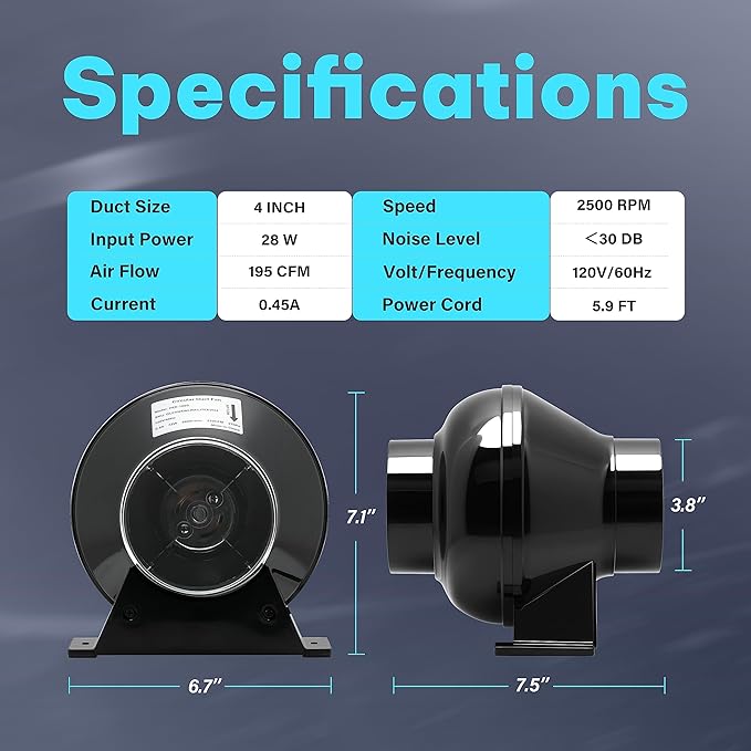 iPower 4 Inch 195 CFM Exhaust Inline Duct Vent Booster Blower with Variable Indoor Grow Tent Hydroponics Ventilation, Quiet, 4'' Fan with Speed Controller New, Black