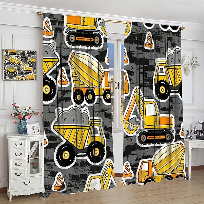Kids Construction Excavator Window Curtains, Yellow Excavator Transporter Truck Cartoon Vehicles Rod Pocket Decorative Window Curtain for Children Teens Room 63x63in (30% Blackout)