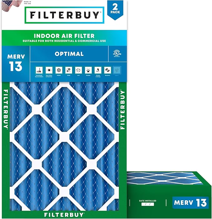 Filterbuy 8x16x4 Air Filter MERV 13 Optimal Smoke & Allergy Defense (2-Pack), Electrostatic Pleated HVAC AC Furnace Filters Replacement, Made in USA (Actual Size: 7.50 x 15.50 x 3.63)
