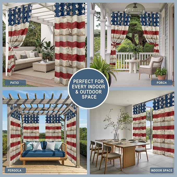 4th of July Outdoor Curtains for Patio USA Flag Independence Day Vintage Waterproof Outside Curtains with Grommet Top Weatherproof Curtain for Cabana Pergola Gazebo, 2 Pack, 54" W x 84" L