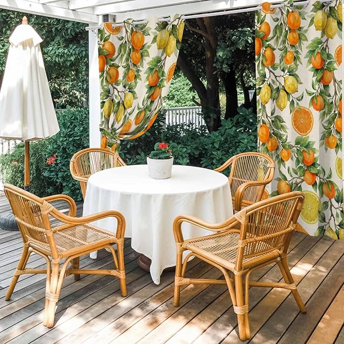 Lemons Yellow Orange Summer Plant Linen Outdoor Curtains for Patio Waterproof Outside Curtains with Grommet Top Weatherproof Curtain for Cabana Pergola Gazebo, 1 Panel, 54" W x 108" L