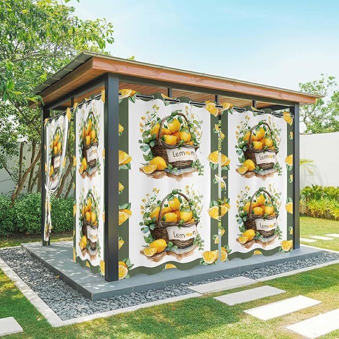 Lemon Outdoor Curtains for Patio Lemons Baskets Summer Tropical Plant Waterproof Outside Curtains with Grommet Top Weatherproof Curtain for Cabana Pergola Gazebo, 1 Panel, 54" W x 95" L