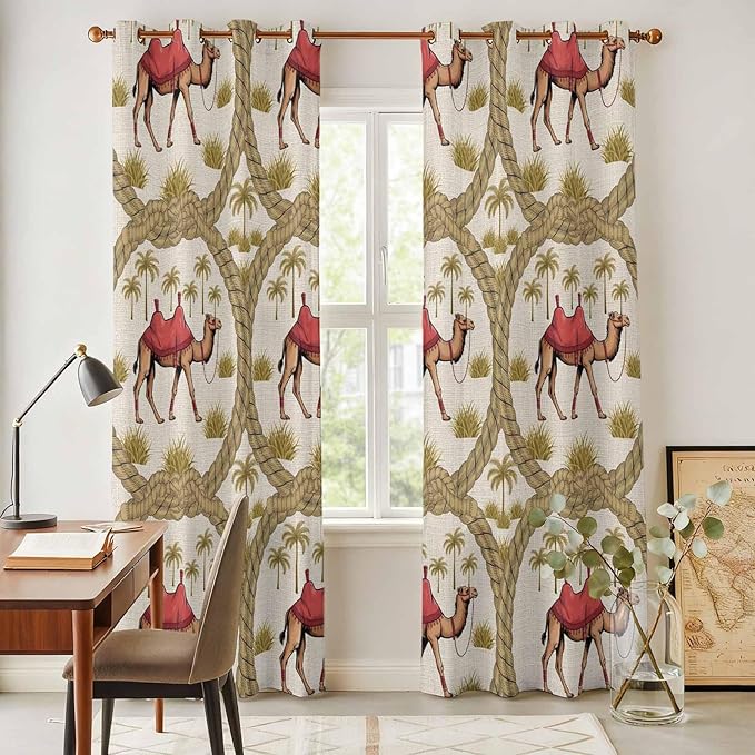 2 Panel Kitchen Cafe Curtains, Camels Palm Trees Sunlight Filtering Nature Air Through, Window Decor Tier Curtains for Living Room 80W x 84L inch Desert Date Coconut Trees Leaves Cords Beige