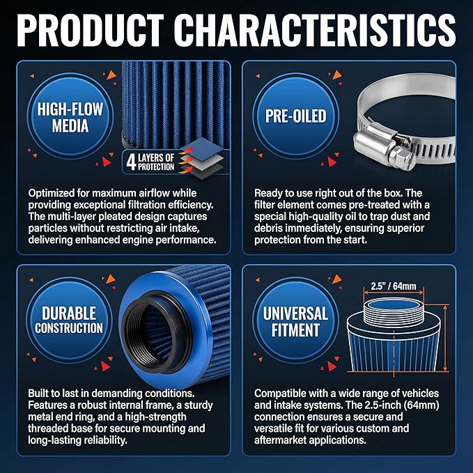 Universal Clamp-On Air Intake Filter, High Performance, Washable Filter, Replacement Air Filter, Flange Diameter 4inch/100mm (Blue)