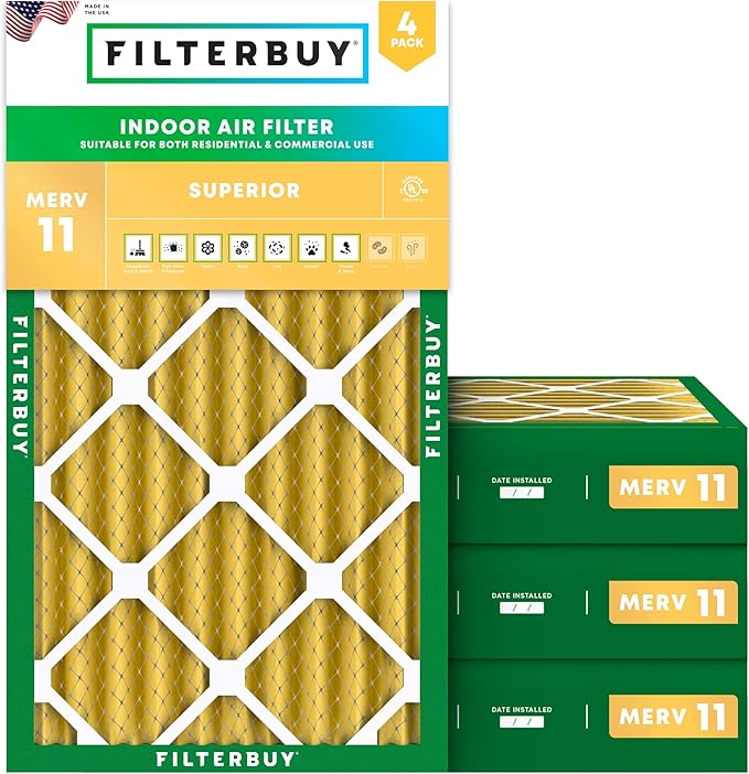 Filterbuy 14x25x4 Air Filter MERV 11 Superior Pet & Allergy Defense (4-Pack), Electrostatic Pleated HVAC AC Furnace Filters Replacement, Made in USA (Actual Size: 13.88 x 24.88 x 3.63)