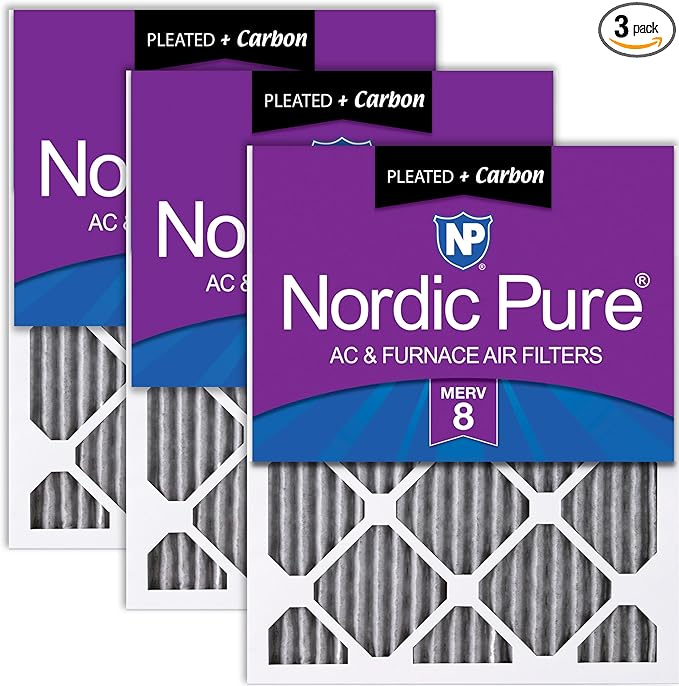 Nordic Pure 20x20x1 (Actual Size: 19 1/2 x 19 1/2 x 3/4) Furnace Air Filters MERV 8 Pleated Plus Carbon 3 Pack