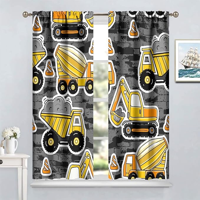 Kids Construction Excavator Window Curtains, Yellow Excavator Transporter Truck Cartoon Vehicles Rod Pocket Decorative Window Curtain for Children Teens Room 42x63in (30% Blackout)