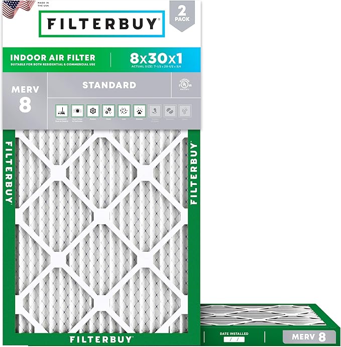 Filterbuy 8x30x1 Air Filter MERV 8 Essential Dust & Allergy Defense (2-Pack), Electrostatic Pleated HVAC AC Furnace Filters Replacement, Made in USA (Actual Size: 7.50 x 29.50 x 0.75)
