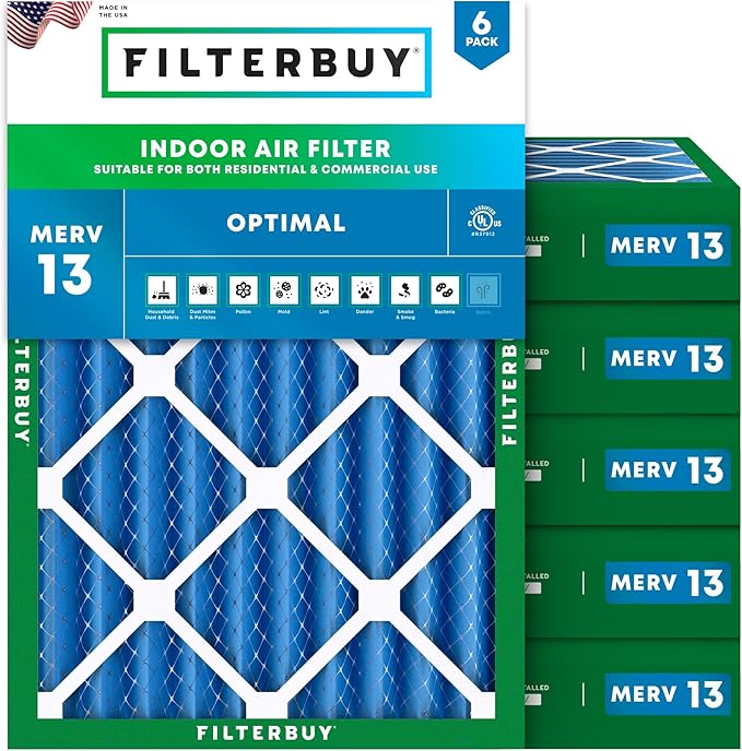 Filterbuy 14x20x4 Air Filter MERV 13 Optimal Smoke & Allergy Defense (6-Pack), Electrostatic Pleated HVAC AC Furnace Filters Replacement, Made in USA (Actual Size: 13.50 x 19.50 x 3.63)