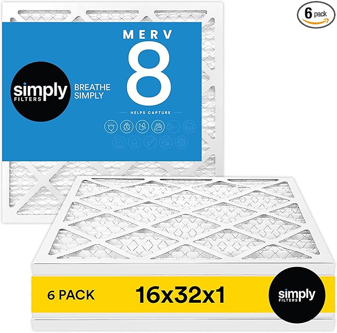 Simply 16x32x1 Air Filter, Merv 8, 6 Pack, For Home AC Furnace & HVAC (Actual Size: 15.75"x31.75"x0.75") DUST, Pet, & Allergy Control