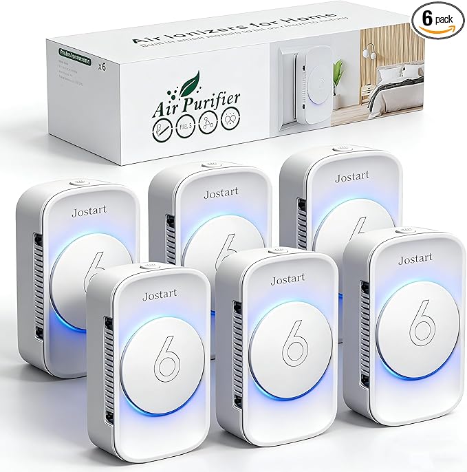 Air Ionizer for Home(6 pack), Ionic Air Purifier Plug in with 6 Carbon Fiber Tips, Ultra Quiet Portable Air Cleaner for Kitchen Bedroom Office Bathroom,Energy Efficient with Blue/Warm White Mood Light