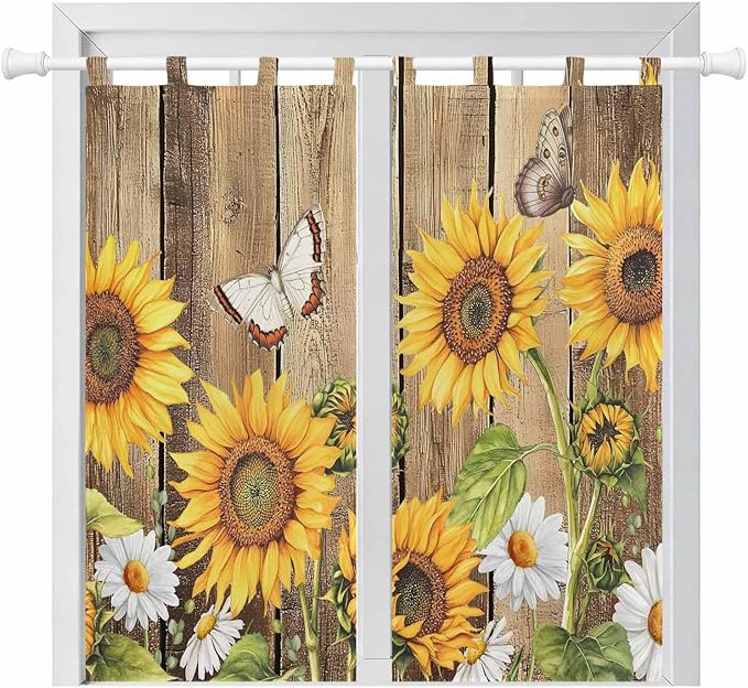 Farmhouse Sunflowers Living Room Curtains 84 Inch Length, Window Curtains Tab Top, Rustic Floral Buttterfly Wood Board Brown Light Filtering Window Treatments Drapes 42"x84" 2 Panel