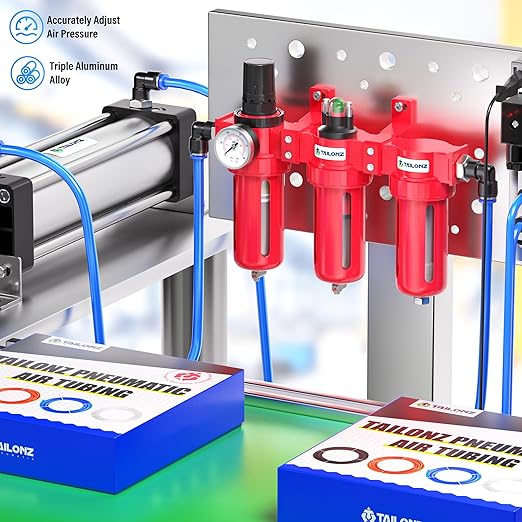 TAILONZ PNEUMATIC 0-150PSI 1/4 Inch NPT Aluminum Alloy Industrial Grade Three Stage Air Drying System, Particulate Filter, Coalescing Filter, Desiccant Dryer and Air Regulator (Manual Drainage)