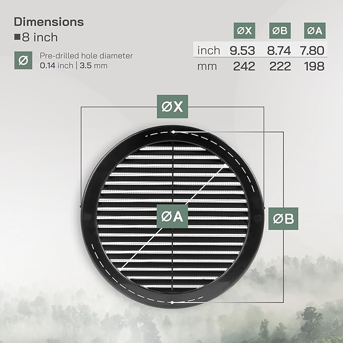 Vent Systems 8" Inch (Opening Dimensions) - Pack of 5 - Black Soffit Vent Cover - Plastic Round Air Vent Grille - Built-in Mesh Screen - HVAC Register Louver for Bathroom, Home, Kitchen