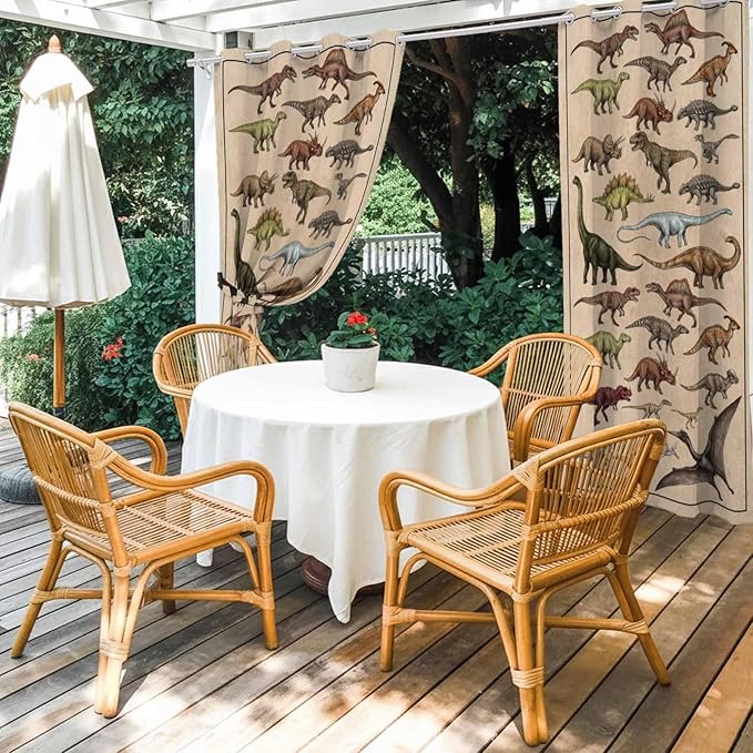 Vintage Outdoor Curtains for Patio Dinosaurs Biographies Retro Waterproof Outside Curtains with Grommet Top Weatherproof Curtain for Cabana Pergola Gazebo, 1 Panel, 54" W x 84" L