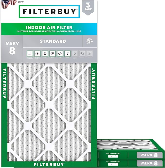 Filterbuy 14x30x1 Air Filter MERV 8 Essential Dust & Allergy Defense (3-Pack), Electrostatic Pleated HVAC AC Furnace Filters Replacement, Made in USA (Actual Size: 13.88 x 29.88 x 0.75)