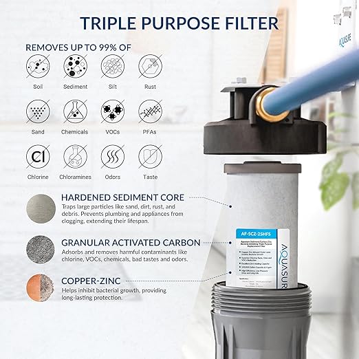 Aquasure Harmony Series 72,000 Grains Whole House Water Softener Bundle with Automatic Digital Control Head and Triple Purpose Sediment/Carbon/Zinc Filter System | Reduces Hardness (for 6+ bathrooms)