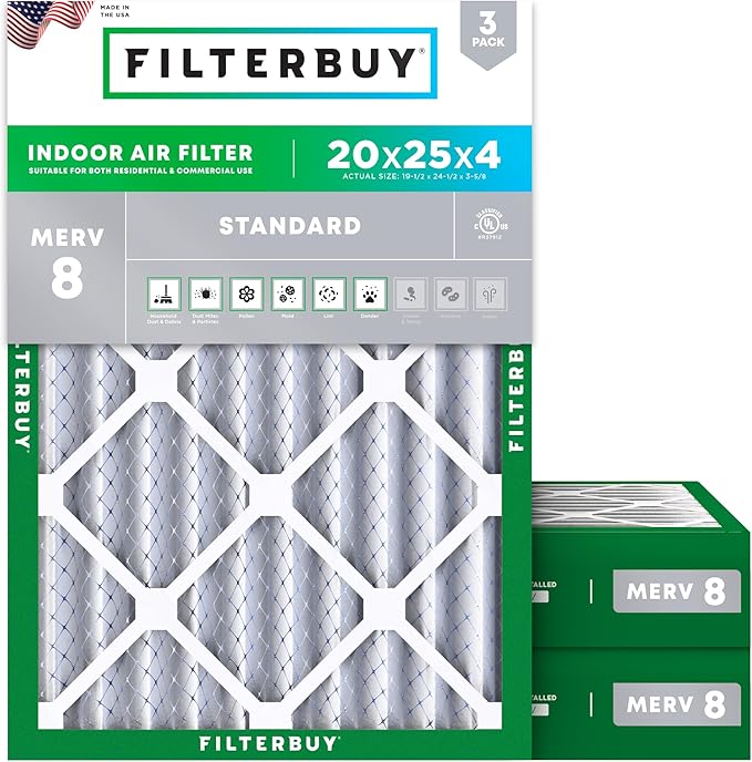 Filterbuy 20x25x4 Air Filter MERV 8 Essential Dust & Allergy Defense (3-Pack), Electrostatic Pleated HVAC AC Furnace Filters Replacement, Made in USA (Actual Size: 19.50 x 24.50 x 3.63)