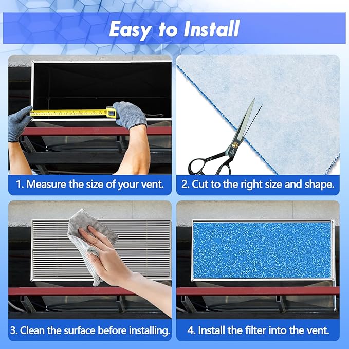 Air Vent Filter Kit - 16" x 90" Cut to Fit Air Filter Materials MERV 8 Electrostatic Media Roll for Home Floor, Ceiling, AC, HVAC, RVC Furnace Vents, With 48PCs Adhesive Hook Tape