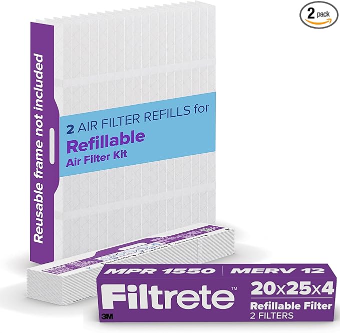 Filtrete 20x25x4 Refillable Air Filter replacement, MPR 1550, MERV 12, Allergen Bacteria & Virus, 2 Pack, use with reusable air filter frame of Filtrete Refillable Air Filter Kit, for HVAC, Furnace