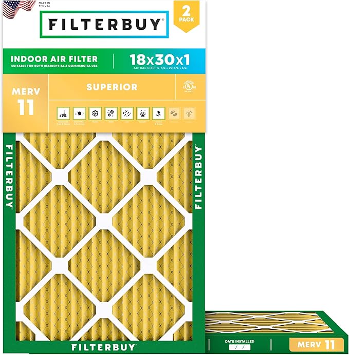 Filterbuy 18x30x1 Air Filter MERV 11 Superior Pet & Allergy Defense (2-Pack), Electrostatic Pleated HVAC AC Furnace Filters Replacement, Made in USA (Actual Size: 17.75 x 29.75 x 0.75)