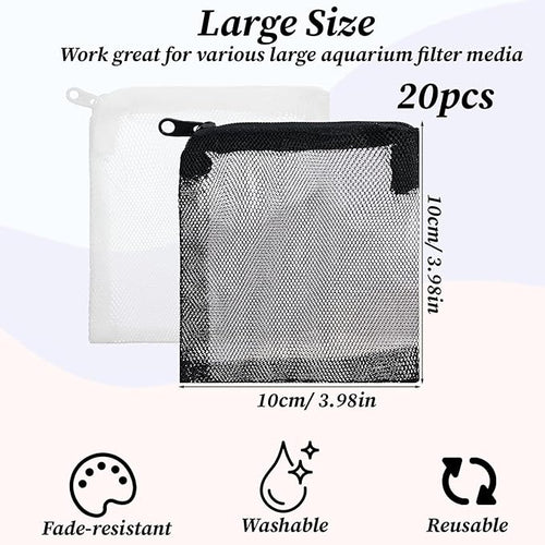 20Pcs Media Bags for Aquarium Fine Mesh Bag Aquarium Filter Media Bags with Plastic Zipper Suitable for Activated Carbon, Filter Stones, Ceramic Rings (4 x 4 inches)