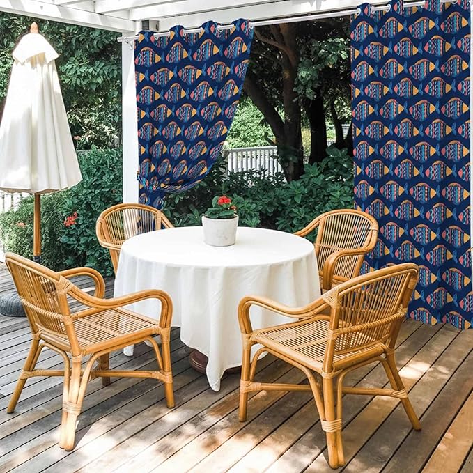Fish Outdoor Curtains for Patio Vintage National Wind Fish Blue Waterproof Outside Curtains with Grommet Top Weatherproof Curtain for Cabana Pergola Gazebo, 2 Pack, 54" W x 108" L